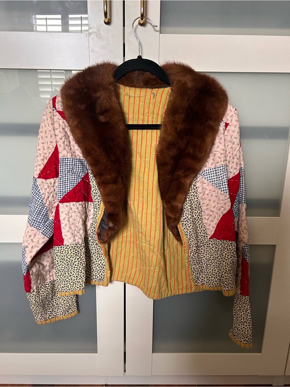 Patchwork Quilted Jacket with Brown Faux-Fur Collar